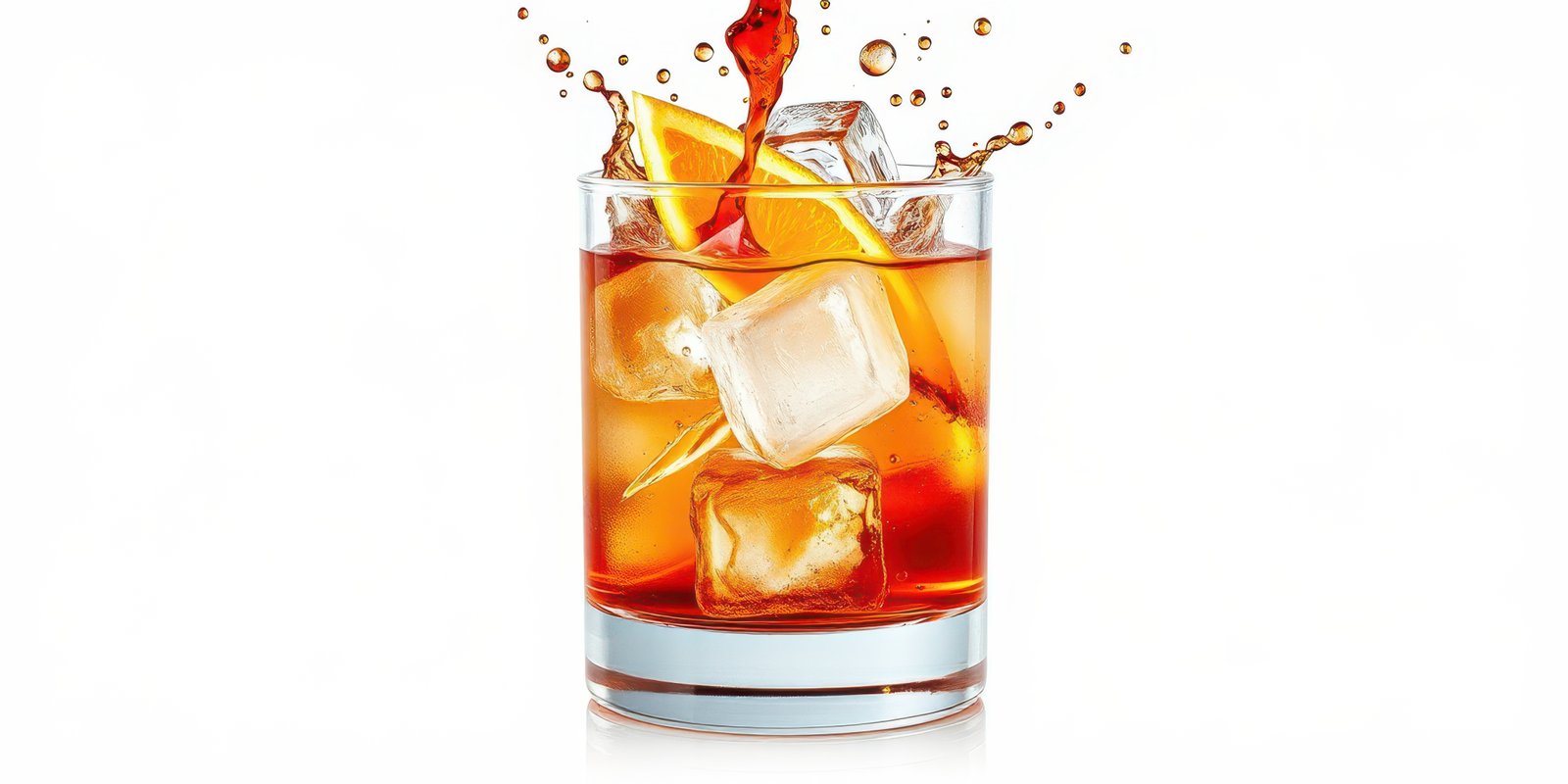 Refreshing cocktail with ice and citrus slices in a glass on a bright background
